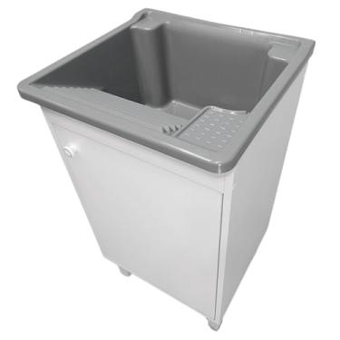 Imagem de Tanque Plástico Lavar Roupas Lavanderia 26L Gabinete MDF com Acesso Para Torneira Direita e Esquerda(Cinza)