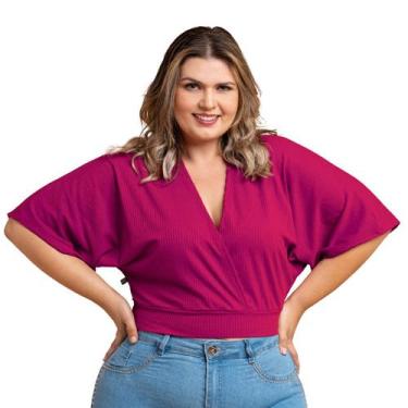 Imagem de Blusa Manga Morcego Cropped Feminino Decote V Canelada Soltinha Manga 