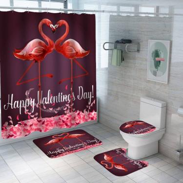 Imagem de Conjunto de cortinas de chuveiro Flamingo de Dia dos Namorados com tapete de banho