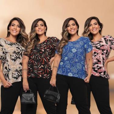 Imagem de Kit 4 Blusas Plus Size Estampada Versátil Casual Manga Curta Liganete 