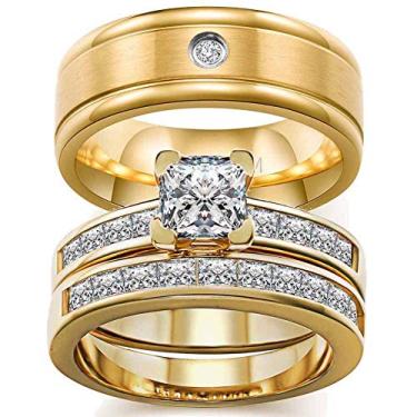 Imagem de Anéis de Casal de Dois Anéis de Casal de Aço de Titânio Banhado a Ouro Amarelo Cz Aliança de Casamento Masculina Corte Princesa Cz Conjuntos de Anéis de Casamento Feminino da ringheart Dourado