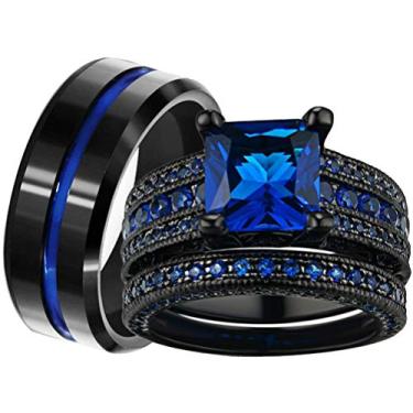 Imagem de Anéis de casal RingHeart banhados a preto corte princesa azul Cz conjunto de anéis de casamento feminino de aço de titânio aliança de casamento masculina Preto