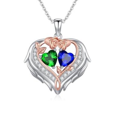 Imagem de WYDDO Colar de coração com asas de anjo para mulheres, pedra do mês de nascimento duplo, pingente de flor de rosa, presente ideal para aniversário, Natal, presente para esposa, mãe, namorada, filha