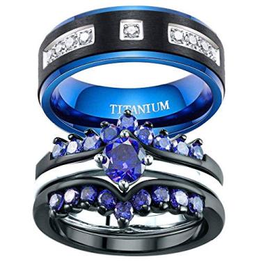 Imagem de ringheart 2 anéis, para ele e ela, anéis de casamento banhados a preto, 3 peças, conjuntos de alianças de casamento femininas de aço de titânio para homens, women size6 & men size12, Metal Cristal