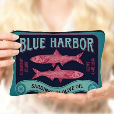 Imagem de Blue Harbor sardinhas em azeite de oliva, bolsa de maquiagem pequena, bolsas grandes de cosméticos, bolsa organizadora de viagem, estojo de lápis de peixe estanhado retrô, bolsa de cosméticos durável