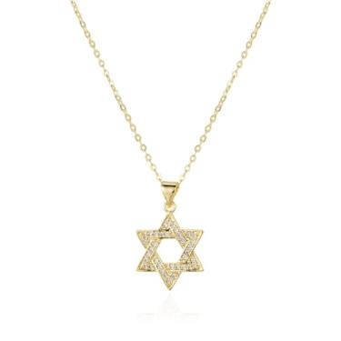 Imagem de Colar de estrela de Davi banhado a ouro 14K feito em Israel – Pingente de bênção judaica para mulheres, cor dourada, presente de Shabat de, 16", Banhado a ouro, Zircônia cúbica
