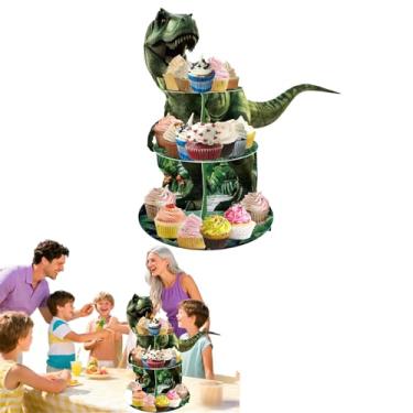 Imagem de Suporte de cupcake de dinossauro de 3 camadas, suporte de papelão para cupcake de dinossauro – fácil de montar e reutilizável (6 dinossauros)