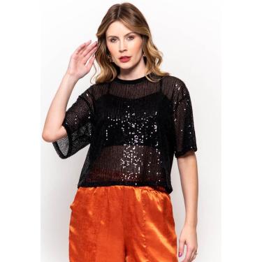Imagem de Blusa Bisô Manga Curta Paetê Preto - Preto - P-Feminino