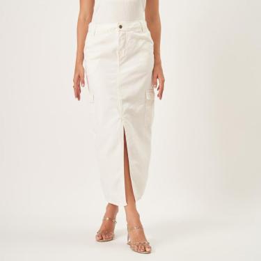 Imagem de Saia Longa Jeans Color Fenda Frontal Bolsos Cargo Branco Cru-Feminino