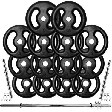 Imagem de Kit Anilhas Ferro Fundido 60 Kg + Barras Com Presilhas-Masculino