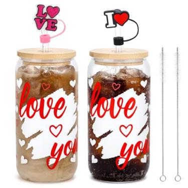 Imagem de Ainibar Copos que mudam de cor para presentes de Dia dos Namorados - Pacote com 2 copos de vidro em forma de coração de 510 g com tampas e canudos, copo fofo em forma de lata para café gelado