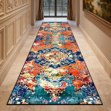 Imagem de Tapete de corredor lavável, tapete de corredor vermelho brilhante antiderrapante com suporte de borracha atualizado, tapete envelhecido de lã sintética resistente a manchas para quarto, cozinha