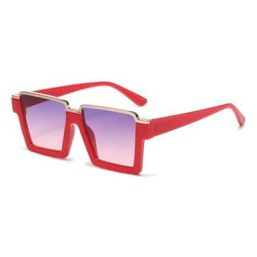 Imagem de HCHES Óculos de Sol Vintage de Armação Grande Feminino Luxo Masculino Punk Oversized Degradê (Vermelho-Cinza-Rosa)