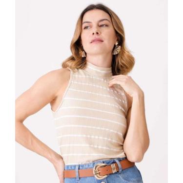 Imagem de Blusa Feminina Listrada Gola Alta Sem Manga Marisa-01085, Bege, M
