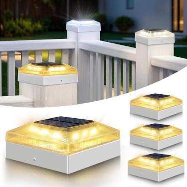 Imagem de vighep Luzes de poste solares 4 x 4 para ambientes externos – Pacote com 4 postes de cerca com 3 modos de cor, luzes de deck à prova d'água alimentadas por energia solar para postes de madeira/vinil