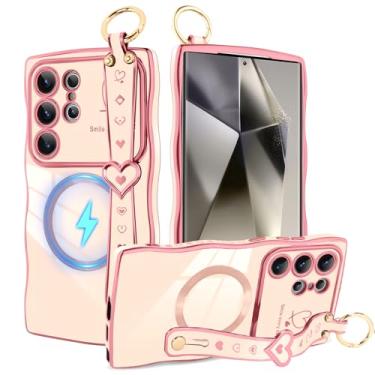 Imagem de Bonoma Capa magnética para Samsung Galaxy S24 Ultra para mulheres e meninas, moldura ondulada com alça fofo coração amor luxuoso chapeamento capa de forma encaracolada proteção de câmera à prova de