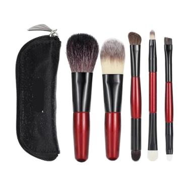 Imagem de Conjunto de 5 pincéis de maquiagem tamanho viagem vermelho cabo curto conjunto de pincéis de maquiagem em pó para blush
