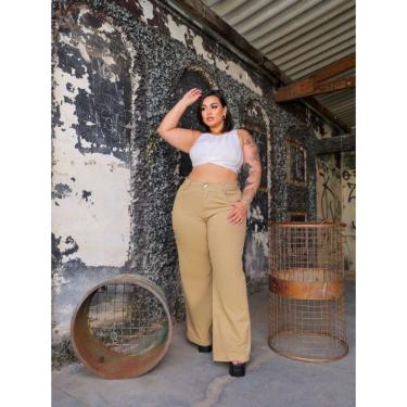 Imagem de Calça Jeans Feminina Bege Wideleg Plus Size Tecido Premium Cintura Alta
