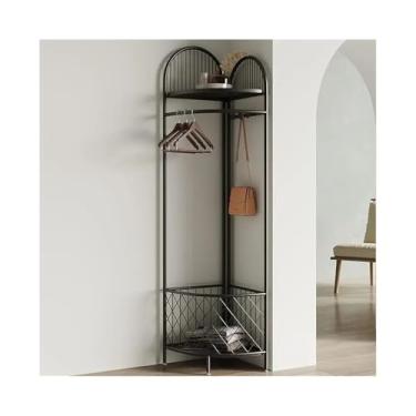 Imagem de KHUTRW3D Suporte de chapéu de canto com cesta de armazenamento e ganchos cabideiro de metal para entrada, corredor, quarto, escritório e árvore (preto)