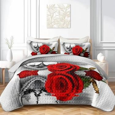 Imagem de QOOMO Conjunto de colcha com estampa de flores, tamanho casal/Queen, conjunto de 3 colchas da Torre Eiffel, conjunto de cama leve de microfibra macia com 1 colcha e 2 fronhas para todas as estações