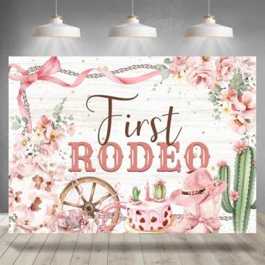 Imagem de Rsuuinu Primeiro pano de fundo de rodeio floral ocidental rosa laço cacto botas de chão de madeira para fotografia meninas crianças decorações de festa de 1º aniversário banner mesa bolo cabine de