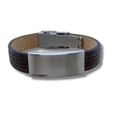Imagem de Pulseira Masculina Rosso Em Couro Marrom E Aço Fosco