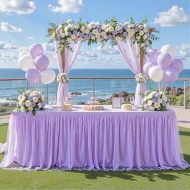 Imagem de Toalhas de mesa de lavanda para mesas retangulares de 1,8 m, toalha de mesa de tule, roxo claro, retangular, 1,8 m, elastano lilás, capas de mesa para chá de bebê, meninas, festa de aniversário