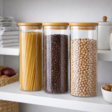 Imagem de Potes de Vidro com Tampa de Bambu, Conjunto de 3 Recipientes Herméticos para Armazenamento de Alimentos, Transparente, para Cozinha e Despensa