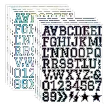 Imagem de Adesivos de letras holográficas, 570 peças de decalques de vinil do alfabeto e número universitário em 2 estilos, 10 folhas de letras iridescentes pré-cortadas de 3,8 cm para caixa de correio