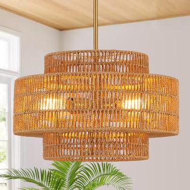 Imagem de YOMECOO Lustre de vime boho de 45 cm 4 luzes de fazenda lustre de bambu tecido à mão lustre vintage rústico de vime rattan lustres dourados para sala de jantar, quarto, cozinha, sala de estar