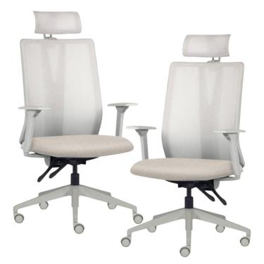 Imagem de Kit 2 Cadeiras Escritório Giratória Presidente Flow F02 Base Cinza Linho Bege Claro - Lyam Decor