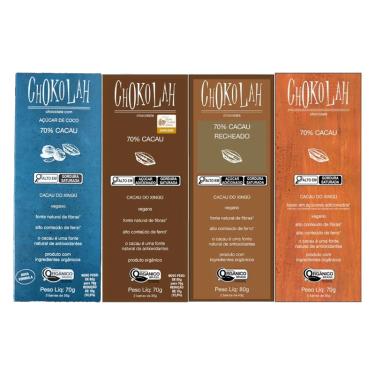 Imagem de Kit 4 Chocolates 70% Orgânico CHoKolaH: Açúcar de Coco, Açúcar Demerara, Recheado, Baixo em Açúcares