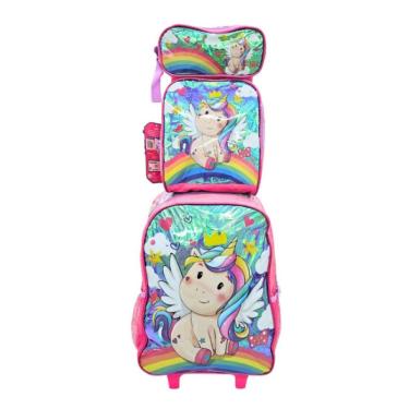 Imagem de Kit Escolar Infantil Unicórnio – Mochila com Rodinhas + Lancheira + Estojo