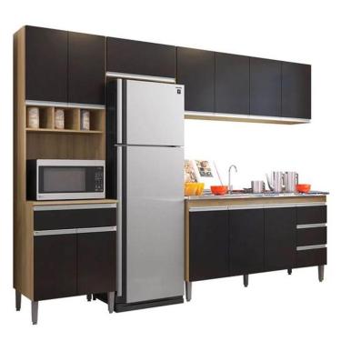 Imagem de Cozinha Modulada 2,80m Andréia 12 Portas 4 Gavetas Com Balcão Amêndoa/Preto