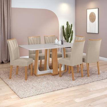 Imagem de Conjunto Sala De Jantar Mesa Easy Pop 170x90cm Tampo Vidro/mdf Com 6 Cadeiras Confort Veludo Creme Amendoa/off White