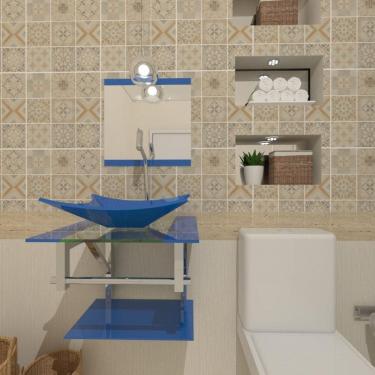 Imagem de Gabinete De Vidro 45Cm Inox Cuba Retangular Azul + Torneira