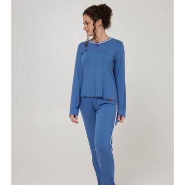 Imagem de Pijama Longo Feminino Viscolycra Evanilda Azul, G, Azul
