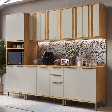 Imagem de Armário de Cozinha Modulada com Balcão e Tampo 13 Portas 3 Gavetas Nice Canelado 100% Mdf Amêndoa/Off White - Pnr Móveis