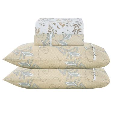 Imagem de Jogo de Lençol Lislie King 4 Peças MicroPercal 300 Fios Estampado Floral - Ramo Creme - 100% Poliéster