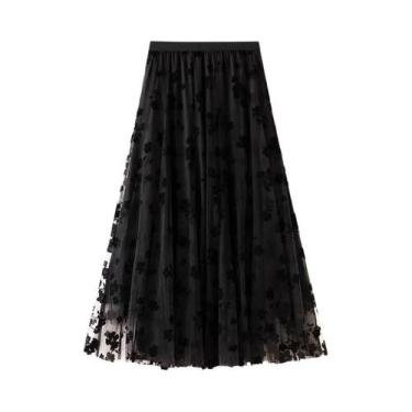 Imagem de Saia Midi Feminina De Cintura Alta Com Estampa Floral Em Tule, Plissad