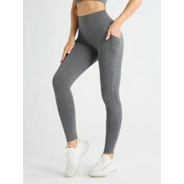 Imagem de Leggings De Cintura Alta Em Cor Sólida Para Mulheres Com Bolsos Latera