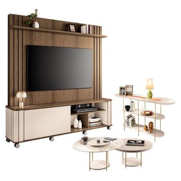 Imagem de Estante Home Theater Trinus Castanho Off White Com Kit Mesa De Centro Sky E Aparador In...