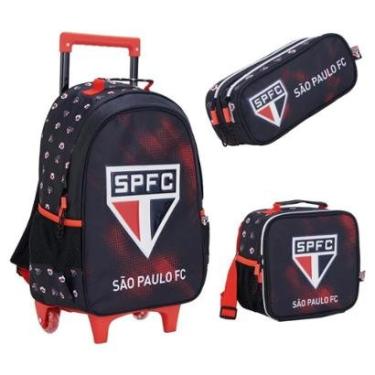 Imagem de Kit Mochila Com Carrinho e Rodas com Lancheira e Estojo São Paulo Tricolor-Unissex