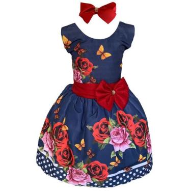 Imagem de Vestido Infantil Floral Azul Com Vermelho E Rosas - PEQUENOS ENCANTOS 