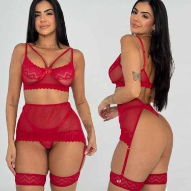 Imagem de Conjunto Lingerie Meia Taça Cinta Liga Sem Bojo Renda Calcinha fio - M