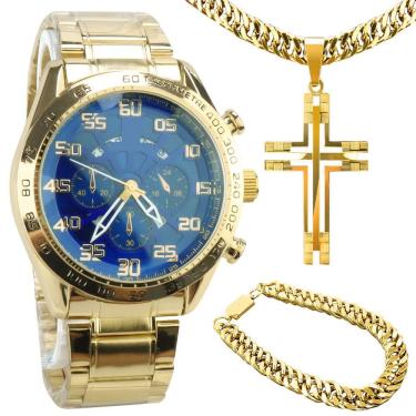 Imagem de Relogio Masculino Aço Banhado + Cordão Grosso + Pulseira