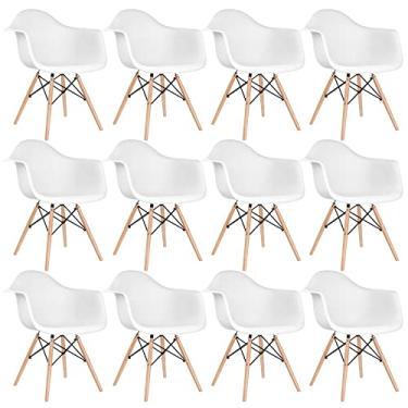 Imagem de Loft7, Kit 12x Cadeiras Charles Eames Eiffel DAW Com Braços e Pés de Madeira Clara, Polipropileno e Aço, Escritório, Sala de Estar e Sala de Jantar - Branco