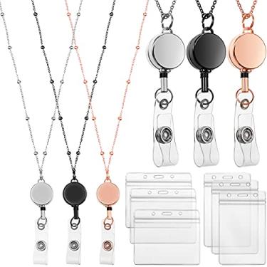 Imagem de Zonon Cordão retrátil com suporte para identidade, 3 peças, colar de crachá com contas com 6 porta-cartões à prova d'água, aço inoxidável, enfermeira, professora, cruzeiro, para mulheres (ouro rosa