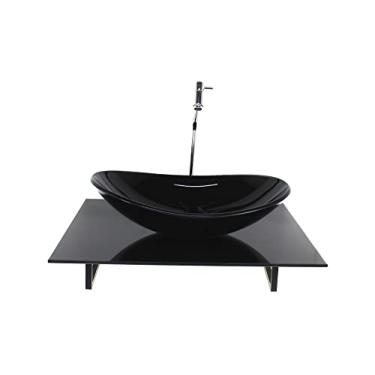 Imagem de KIT CUBA DE VIDRO OVAL COM TAMPO 60CM PRETO FULL E SUPORTE TORNEIRA VALVULA