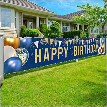 Imagem de Enjoyfun Banner com placa Happy Birthday Yard – Grande 299,7 cm x 50 cm Azul marinho e dourado para decoração de festa de aniversário para crianças e homens e mulheres, banner de celebração de aniversário para uso interno e externo